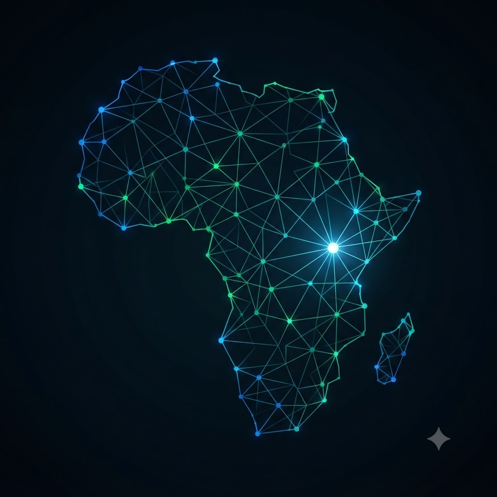A network of connected nodes spanning the map of Africa, with a bright hub over East Africa
